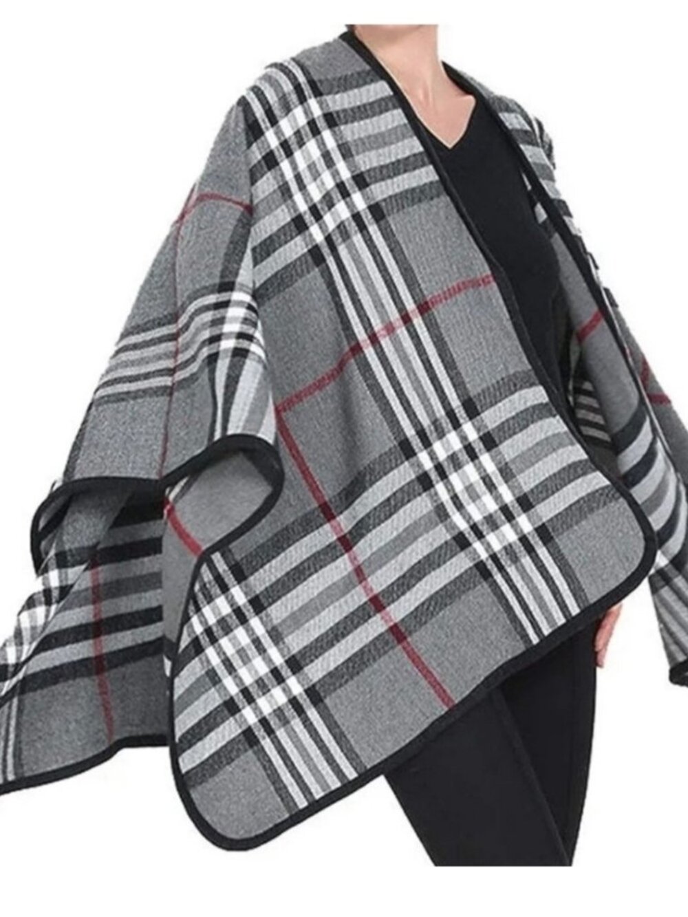 Fraas Women's Plaid Open Poncho Wrap, Gray